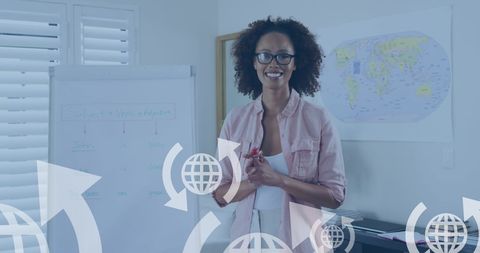 Woman presenting with digital global network elements