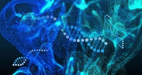 Glowing dna double helix weaving through neon particle cloud molecular tech visualization