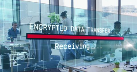 Illustrates a diverse group of business professionals in a modern office environment with phone headsets, signifying global data communication and IT infrastructure. Overlaid graphics emphasize encrypted data transfer, making it ideal for articles or branding related to cybersecurity, digital communication solutions, team collaboration tools, and contemporary IT services.