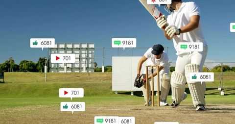 Cricket batsman batting on crease with social media overlays and engagement icons, action