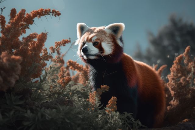 Red panda navigating through lush vegetation during twilight, ideal for wildlife photography, conservation content, educational resources, and nature-focused media.