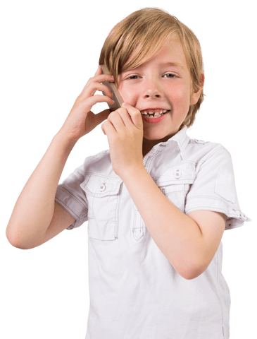 Young Caucasian Boy Using Smartphone Smiling Transparent Background
