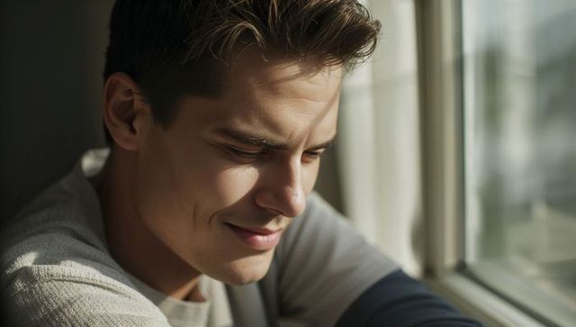 Smiling young man relaxing by sunlit window wearing textured knit top and sheer curtain
