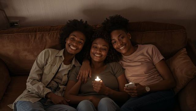 Friends sharing candlelight on sofa at night, cozy indoor togetherness and bonding