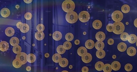 Golden Bitcoins Floating Over Data Servers Illuminated Blue