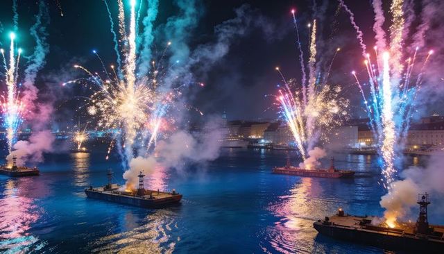 Barges launching colorful fireworks, illuminating night skyline and shimmering water reflections