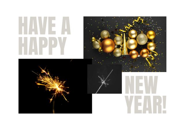 Image of have a happy new year, fireworks and gold baubles on black and white background. New year, party and celebration concept.
