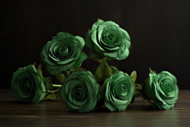 Artificial green roses are beautifully arranged on wooden surface, creating striking contrast against dark background. Great for home decor inspiration, online floral shops, artificial flower shops, themed decorations, promotional/advertisement materials for flower-related businesses.
