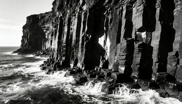 Towering columnar basalt cliffs meeting crashing surf, hexagonal rock columns along coast