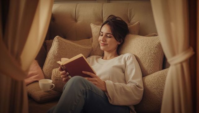 Relaxing woman reading hardcover book in cozy curtain-enclosed nook with warm lighting