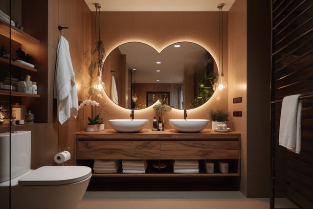 Stylish modern bathroom featuring a unique heart-shaped mirror with backlighting and double sinks on a wooden vanity. Excellent for use in articles or advertisements highlighting contemporary bathroom design and luxury decor ideas, as well as interior design inspiration and stylish home renovations.