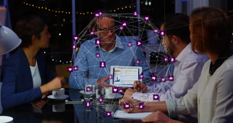 Business Meeting with Digital Network Interface Overlay