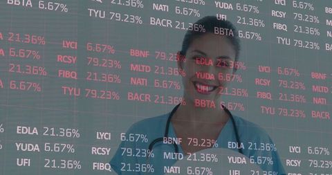 Nurse Presenting Financial Stock Data Overlay in Modern Setting