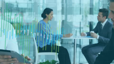 Business Strategy Meeting with Data Overlay in Office Cafe