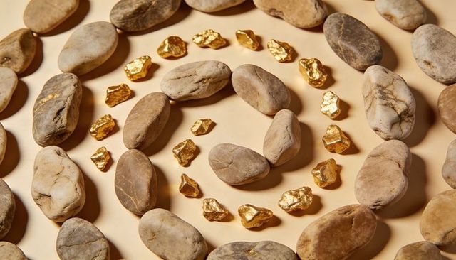Forming spiral smooth river stones surrounding shimmering gold nuggets on beige backdrop