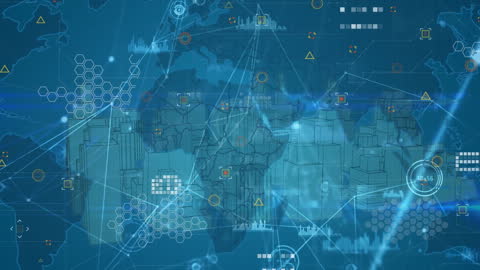 Global Network Connections and Data Processing on World Map