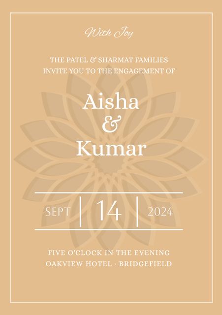 This elegant engagement invitation showcases a sophisticated design with stylish text and a decorative flower on a beige background. Ideal for sharing special moments, announcing engagement parties, and letting guests know about the upcoming celebration. Perfect for personalized prints, digital invitations, and wedding-related events.