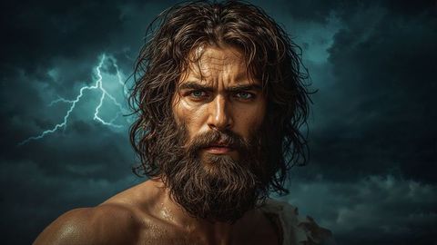 Rugged Bearded Man Gazing Intensely Under Stormy Sky