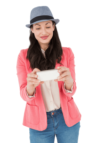 Smiling Woman in Hat, Using Smartphone, Transparent Background