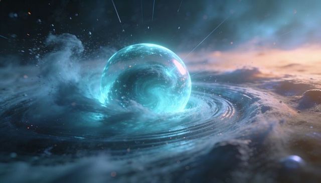 Cyan energy orb feeding spiral vortex over alien ocean horizon with misty glowing ripples