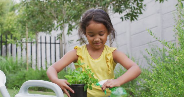 Young girl watering potted plant with spray bottle in garden. Suitable for topics on gardening, childhood, environmental education, and nurturing new life. Ideal for educational materials, blog posts about gardening and parenting, and illustrations for eco-friendly practices.