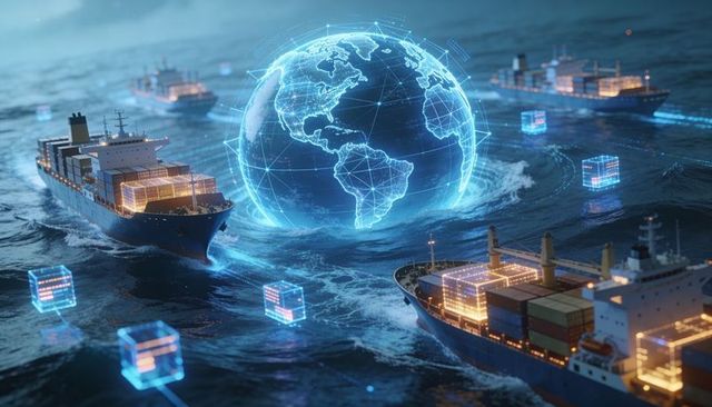 Holographic globe connecting container ships with digital cargo cubes over night ocean
