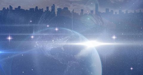 Glowing Earthlike Planet Dominating Cosmic Cityscape with Skyline Silhouette Lens Flare
