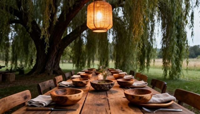 Rustic long wooden table dining under weeping willow with rattan lanterns and bowls