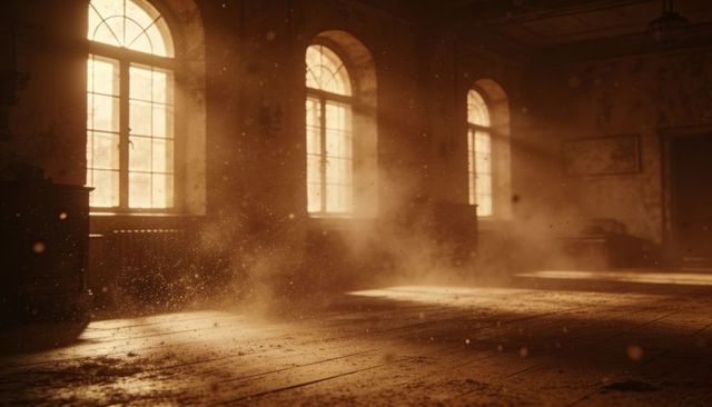 Sunlight streaming through arched windows revealing dust motes over worn wooden floor