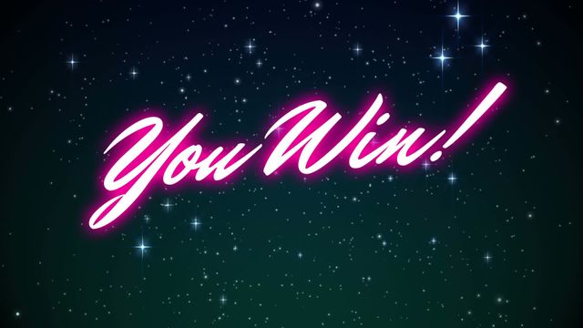 Neon text saying 'You Win' pops against a starry sky background, conveying a sense of victory and celebration. Ideal for use in online gaming contexts, digital trophies, congratulatory messages, or as social media visuals in announcement posts where celebratory recognition is required.