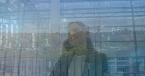 Businesswoman Discussing Finances Overlaid with Data