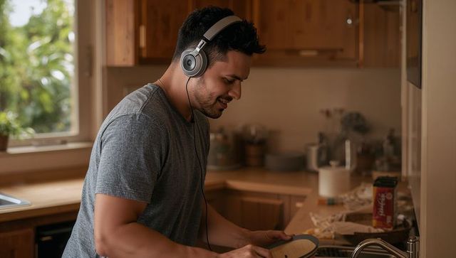 Young man wearing headphones washing dishes in cozy wooden kitchen
