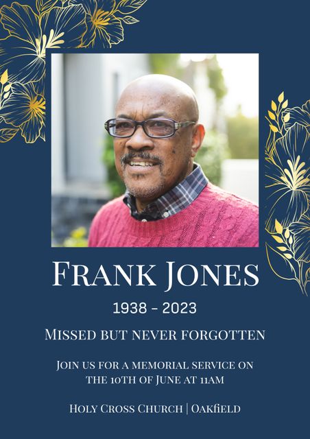 Memorial service poster featuring a smiling African American senior man. Text includes dates, name, and service details at Holy Cross Church, Oakfield. Ideal for tribute announcements, memorial service invitations, or remembering loved ones.