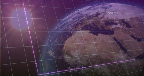 Earth globe under grid plotting purple polyline with sunglow for geospatial data visualization
