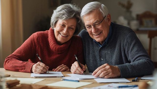 Senior couple signing paperwork at home table, smiling and collaborating on documents