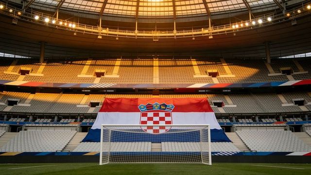 Croatian flag draping behind goal on empty modern stadium pitch at golden sunset