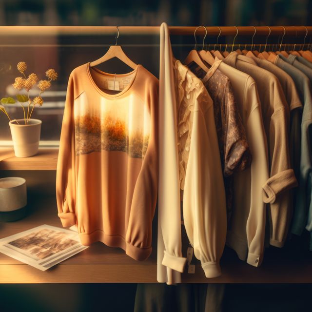 Warmly lit boutique showcasing a neatly arranged row of various garments hanging on wooden hangers on a clothes rack. A single sweatshirt with a nature-themed print stands out among the muted tones of the other clothing items. Ideal for use in promotions for fashion retail stores, social media posts on shopping, or lifestyle blogs highlighting boutique shopping experiences or autumn fashion.