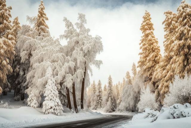 Snow-covered forest road winding through snow-dusted pine trees, creating a scenic and serene winter landscape. Ideal for content related to nature, winter travel destinations, holiday cards, outdoor adventure, and scenic drives in the winter season.