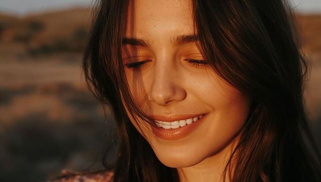 Sunlit closeup of smiling young woman with freckles and warm golden hour glow outdoors