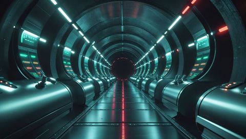 Futuristic Spaceship Corridor with LED Control Panels and Red Pathway - Download Free Stock Images Pikwizard.com