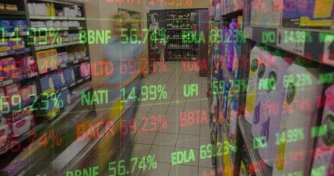Female shopper walking supermarket aisle with stock ticker overlay and household items