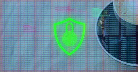 Neon shield with padlock and fingerprint over code grid hooded silhouette cybersecurity branding