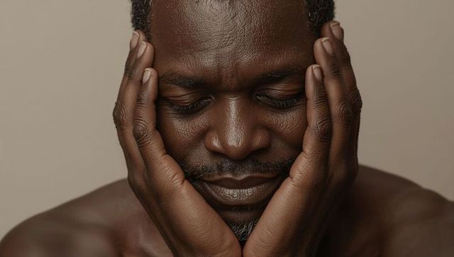 Contemplative mature man holding palms to cheeks, closeup serene minimalist headshot