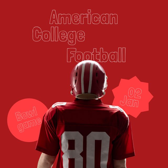 Visually appealing image perfect for promoting American college football events and games. This image of a football player in a red jersey with the text 'American College Football' captures the intensity and excitement of college sports. It can be used for sports marketing on social media, event posters, or game day promotions.