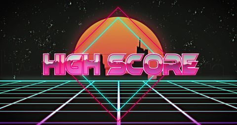 Retro High Score Banner with Neon Grid and Cityscape