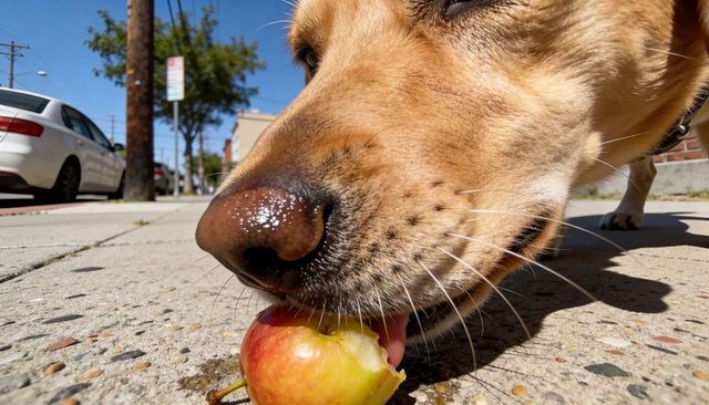 Curious dog sniffing and tasting apple on city sidewalk closeup of nose and muzzle