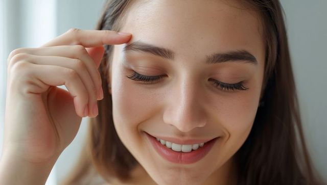 Smiling brunette touching temple with finger closeup showing natural eyelashes and freckles