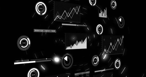 Rotating HUD Panels Showing Monochrome Data Visualizations for Analytics Dashboard