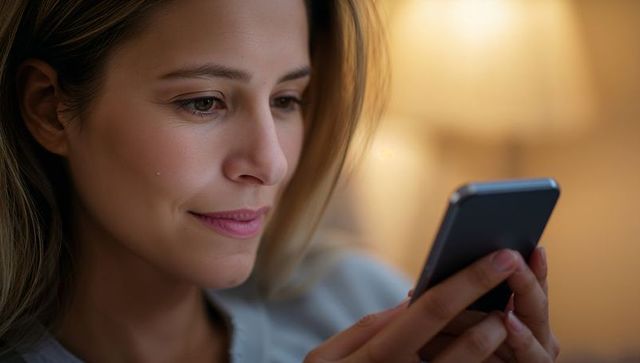 Woman relaxing on sofa texting smartphone in warm cozy living room with soft lamp light