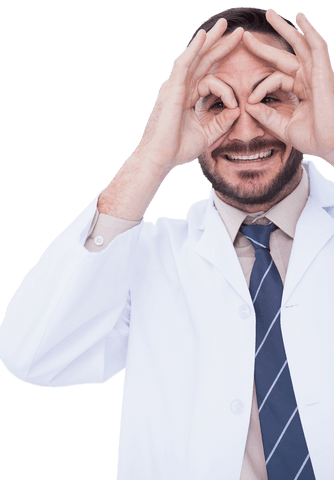 Transparent cheerful doctor mimicking glasses with hands
